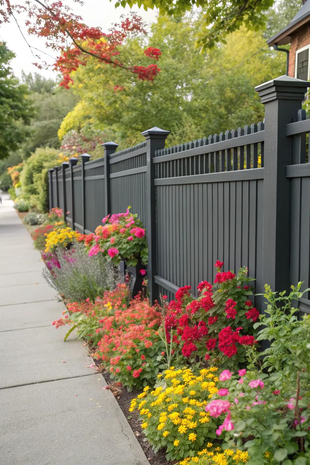 Bright, colorful plants create a stunning contrast with a deep charcoal barrier.