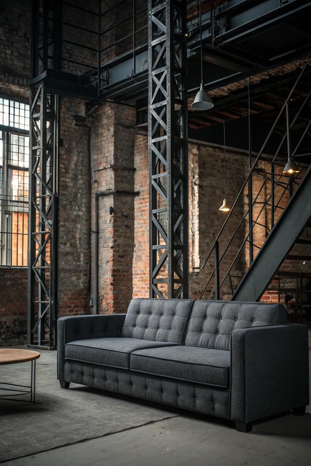 Industrial elements bring an edgy vibe to a grey sofa setup.