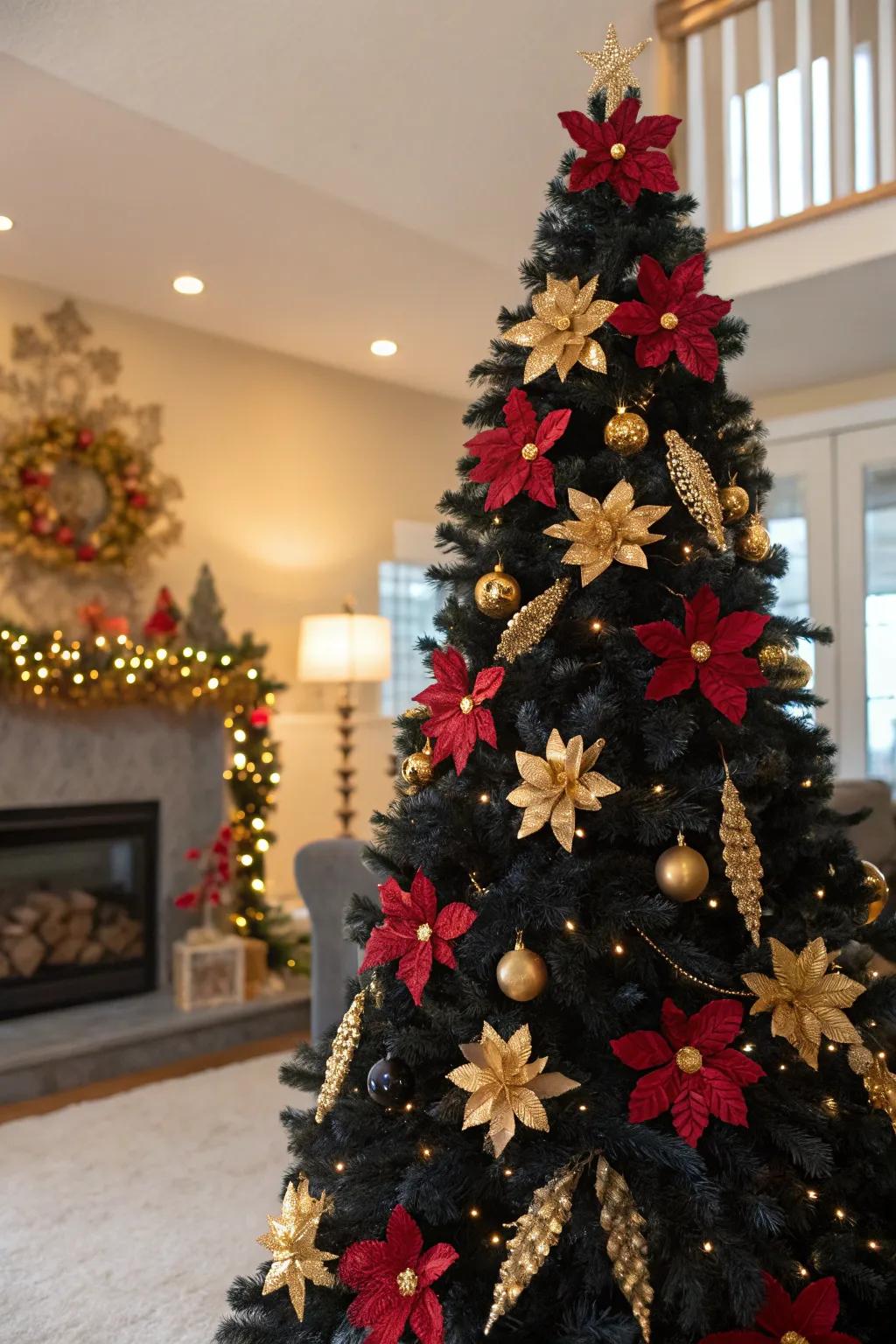 An ebony tree enhanced with celebratory floral decorations.