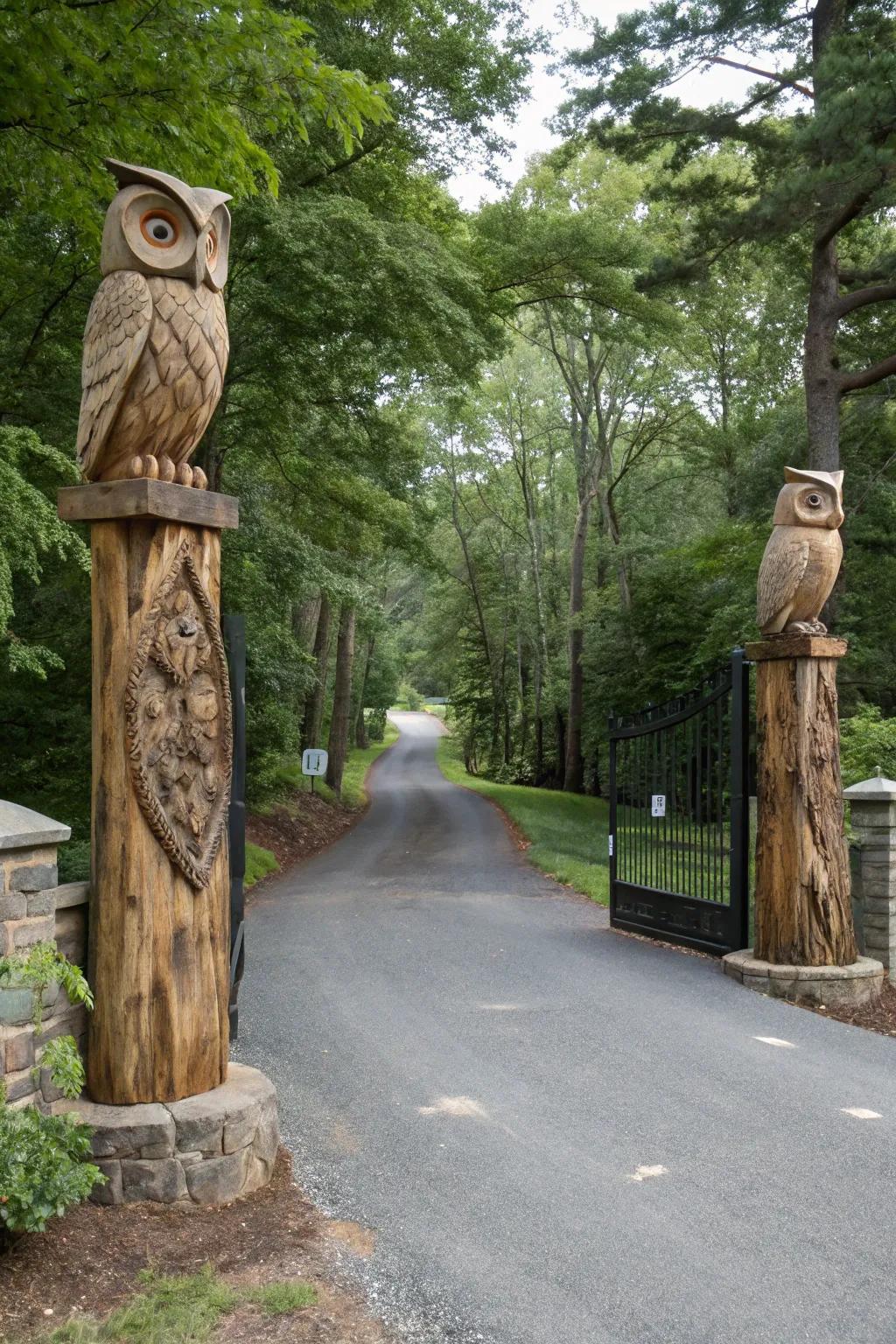 Custom wood carvings make unique and personal driveway markers.