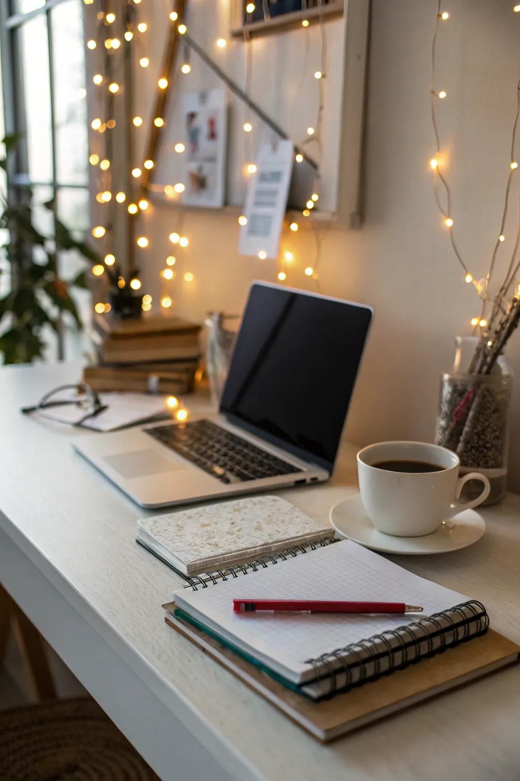 Twinkling lights casting a magical glow across the workspace.