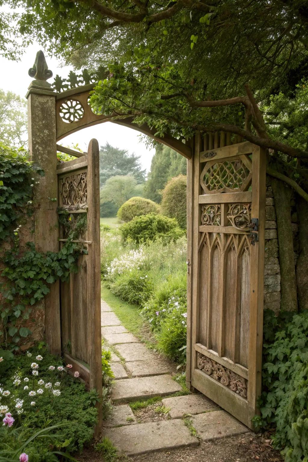 A clandestine garden path invites exploration beyond the gate.