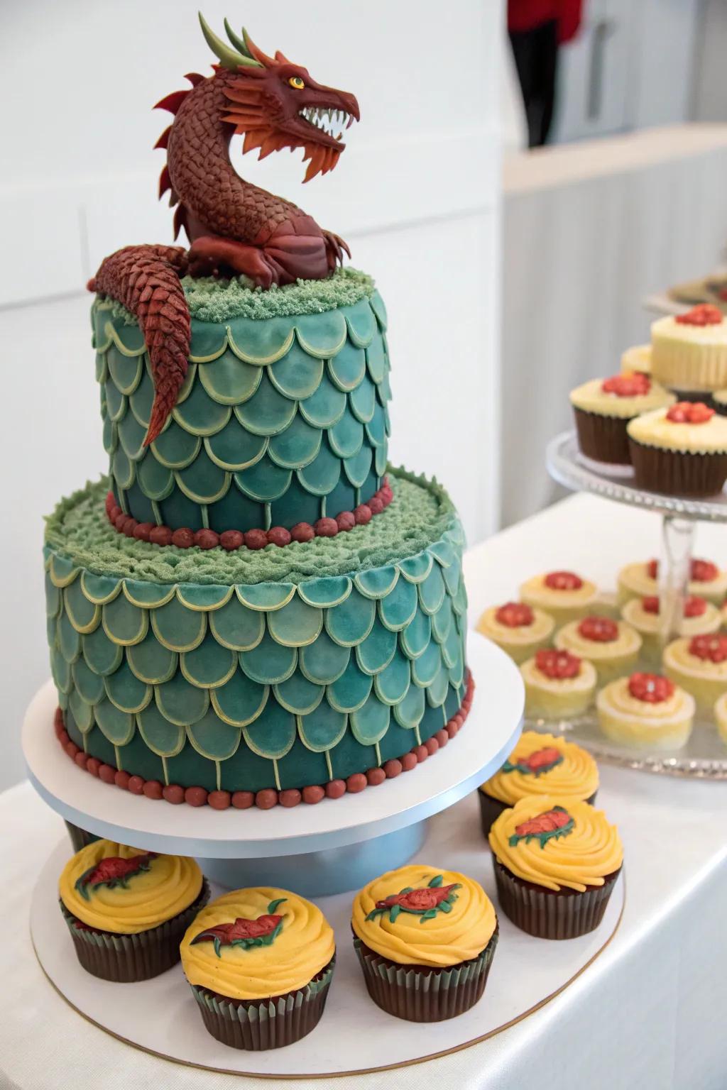 A whimsical cake display delights guests with its dragon-themed treats.