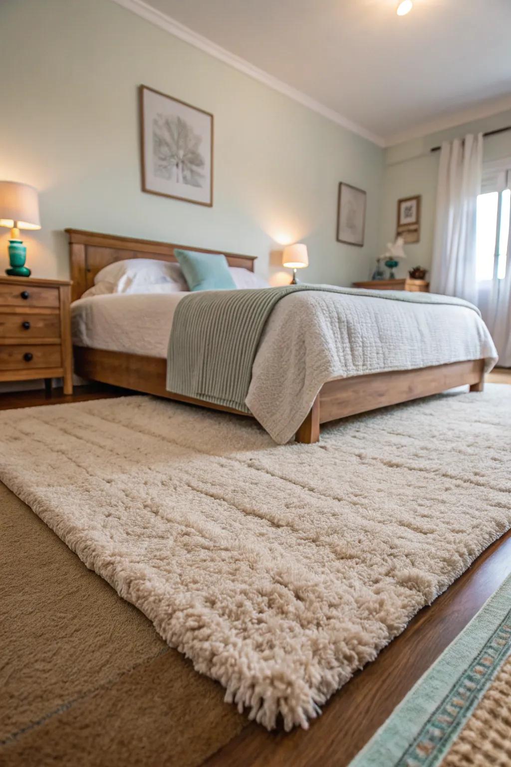 An opulent ground covering provides the bedroom with comfort and warmth.