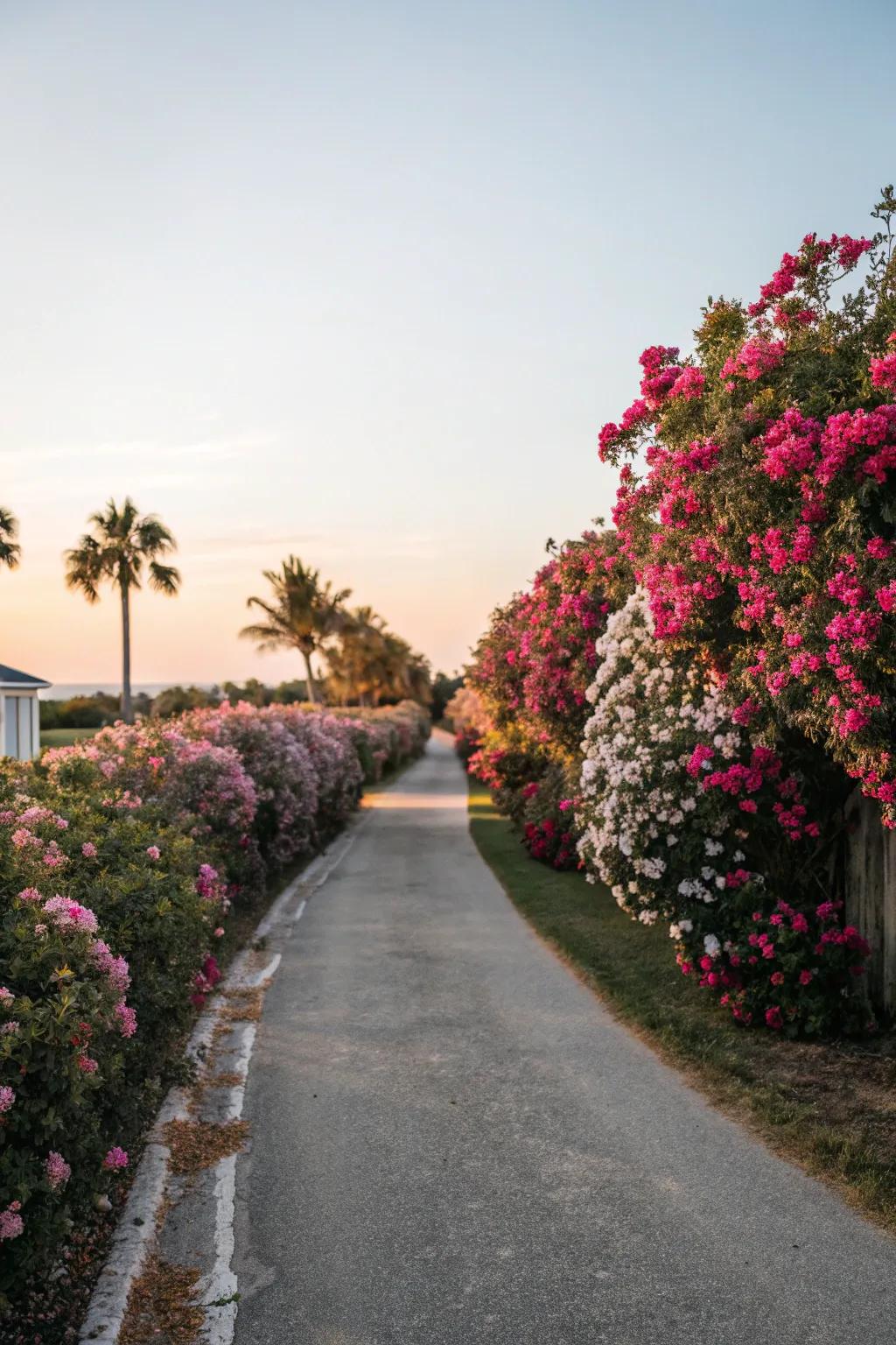 Flowering hedges injecting romance and pigment into a driveway.