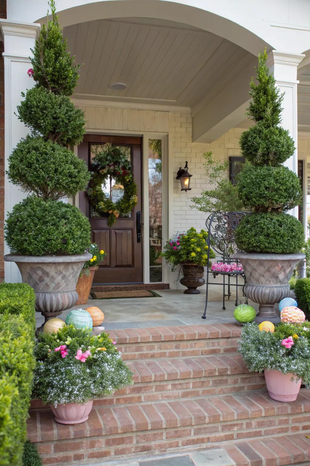 Spring topiaries offer a touch of elegance.