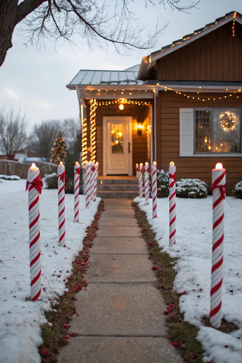A peppermint pathway guides visitors with festive flair.