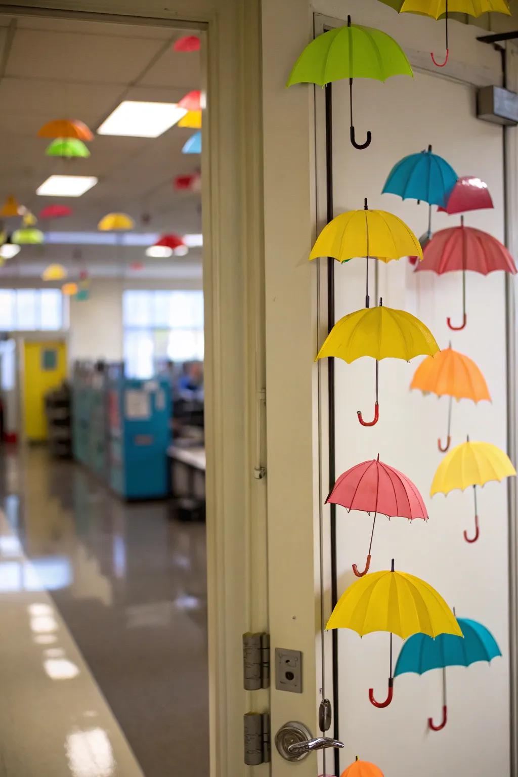 Floating umbrellas dance across this classroom door, celebrating the whimsical side of spring showers.