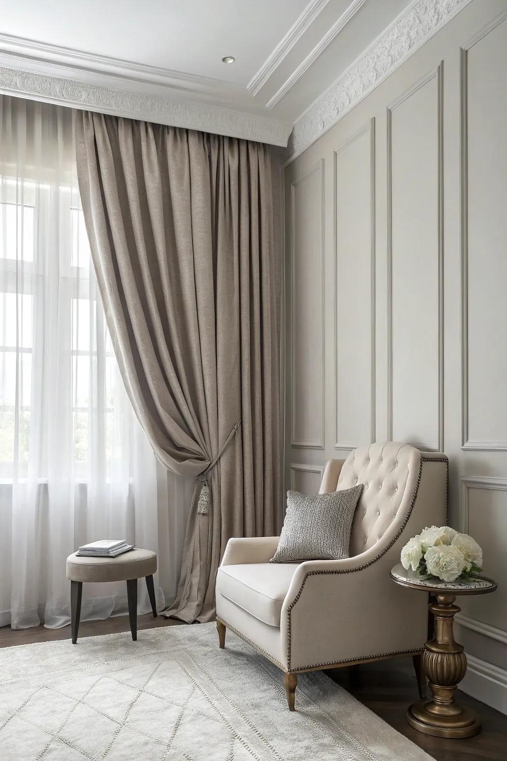 Monochrome curtains create a seamless and sophisticated look.