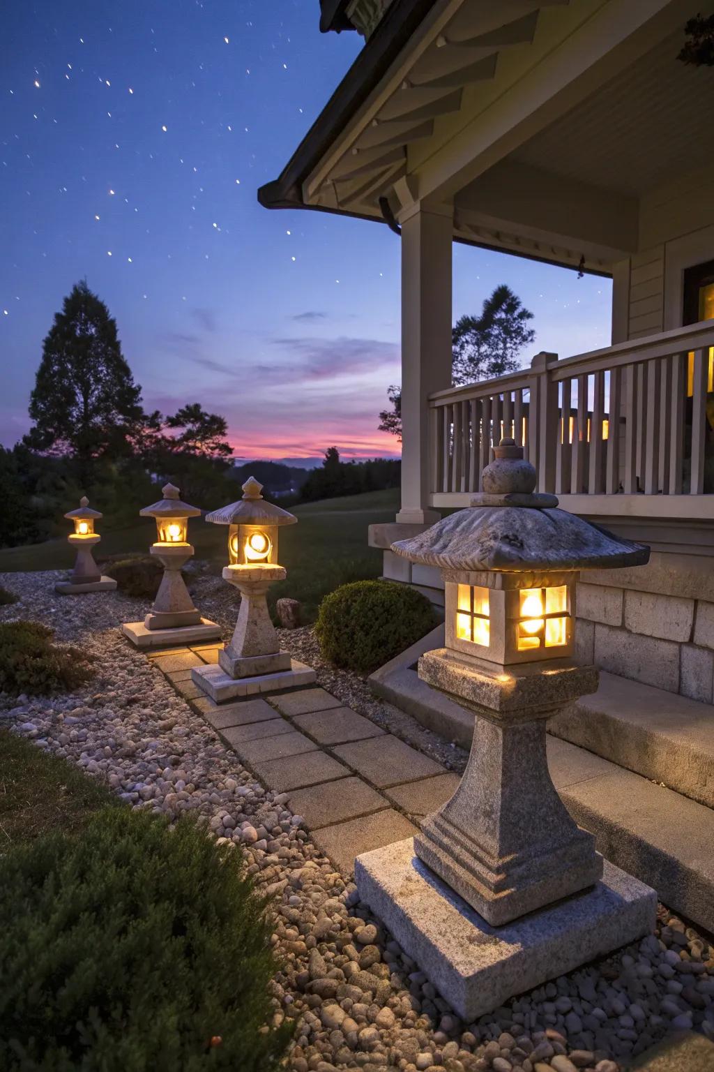 Charming stone lights contributing both light and appeal to the porch.