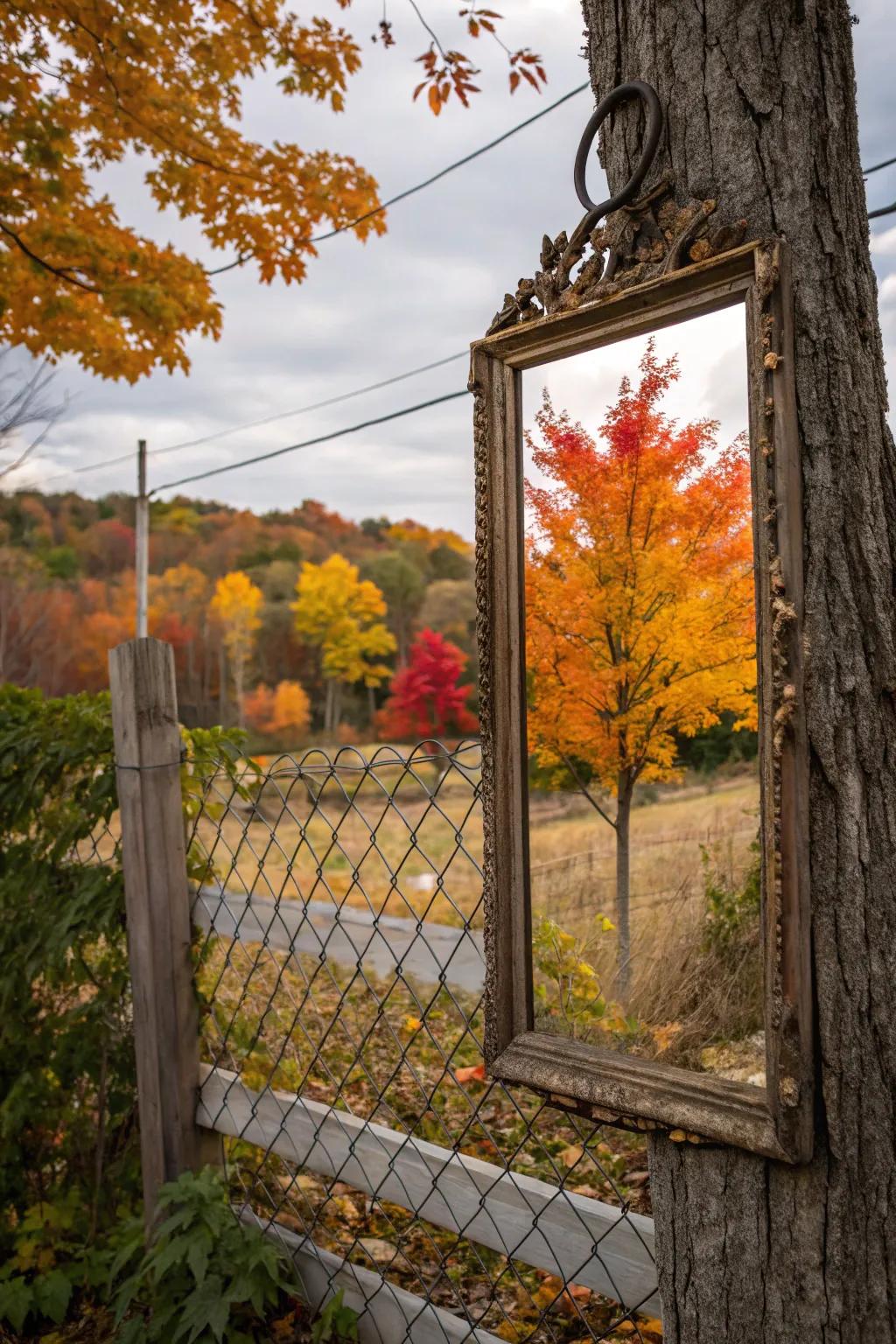 A vintage looking glass reflects the beauty of autumn foliage on the fence.