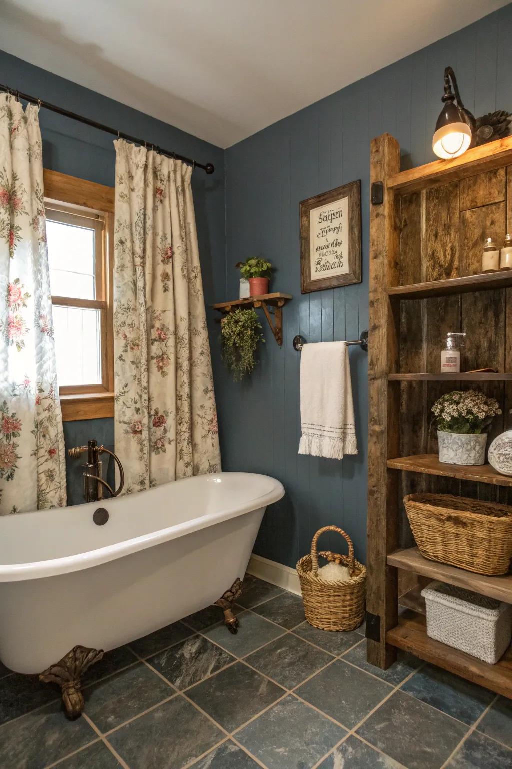 Slate blue walls provide a soothing backdrop in this bathroom.