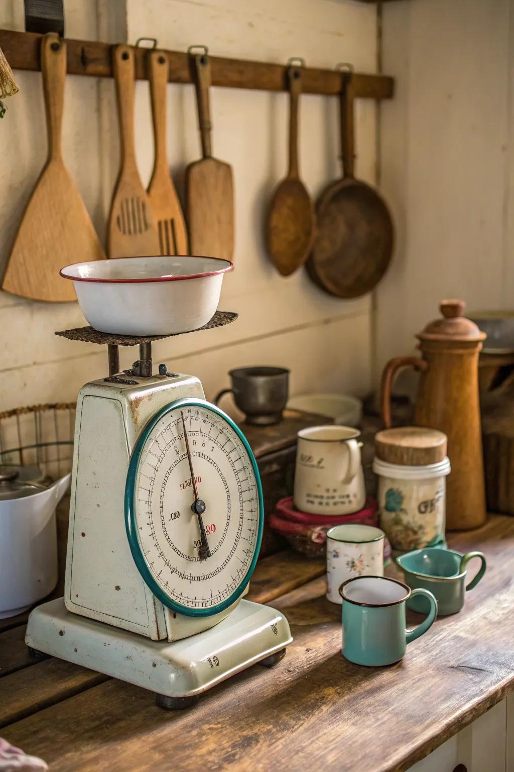 Nostalgic kitchenware exhibited on a classic balance.