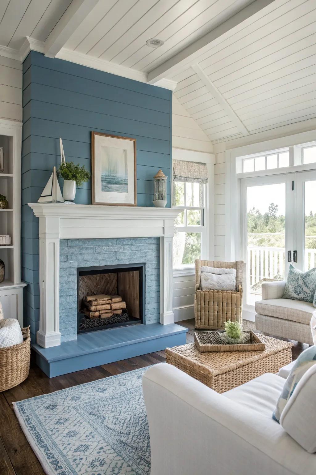 Azure planking conveys coastal allure and a breezy ambiance.