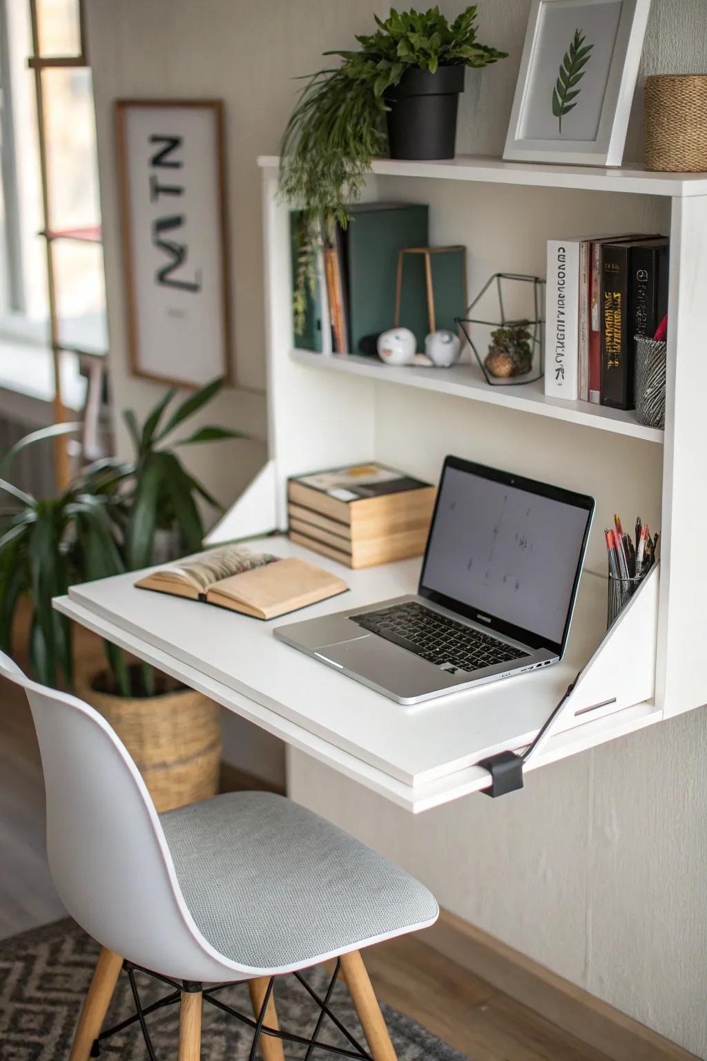 Floating shelf utilized as a streamlined desk solution.