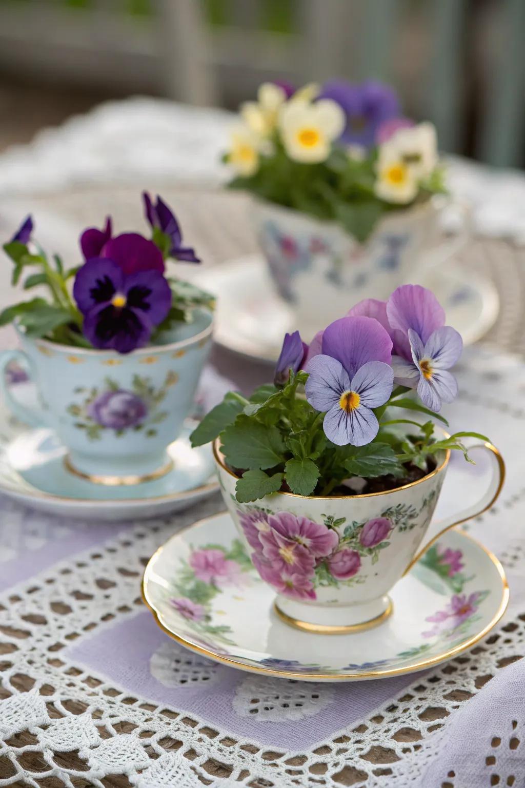 Exquisite tea cup arrangements for a timeless look.