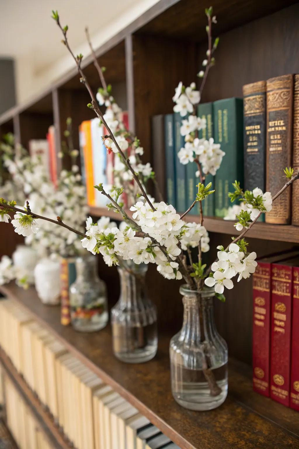 White blossoms bringing life to a bookshelf.