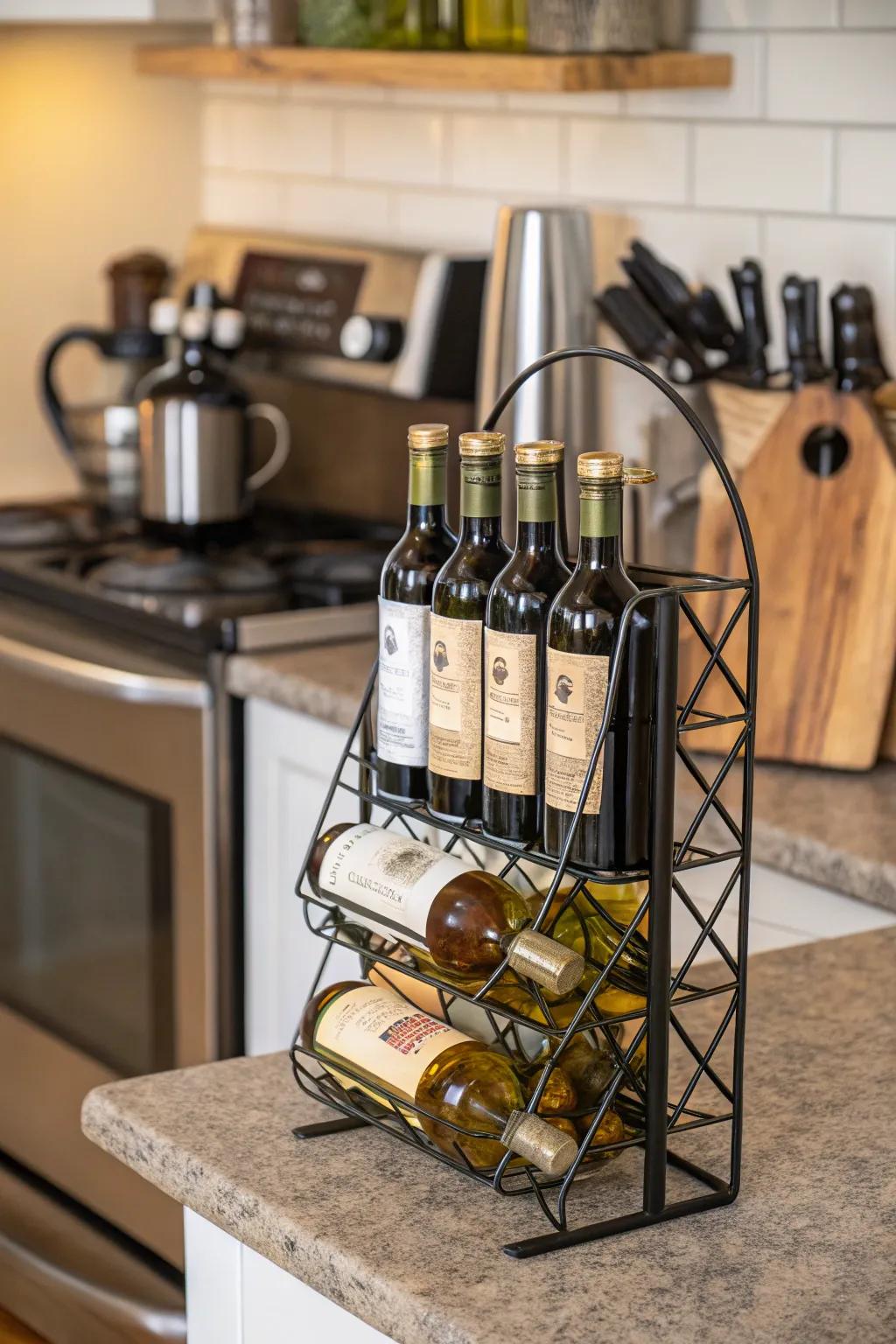 Repurposed wine racks provide efficient bottle storage.