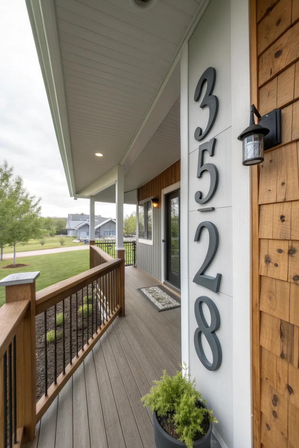 Modern house numbers stand out on a front porch wall.