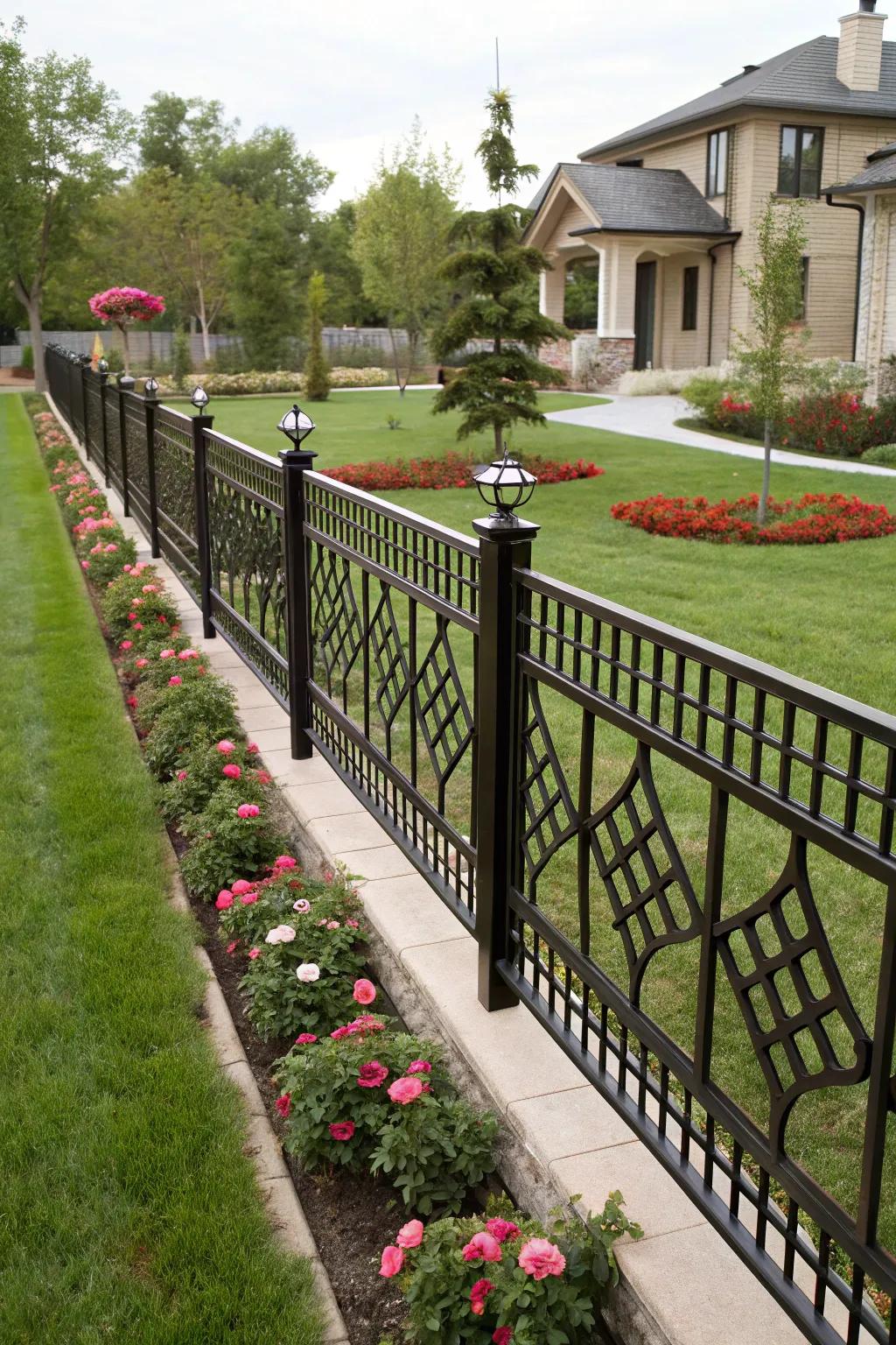 A wrought iron fence with geometric patterns adding a modern touch.