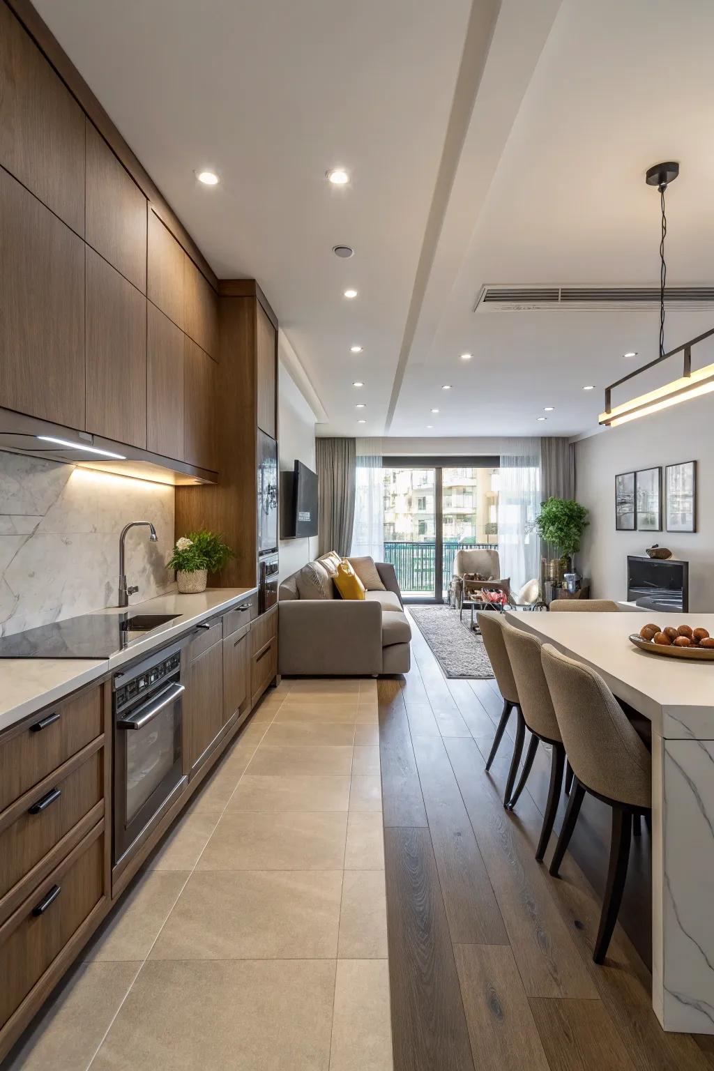 A peninsula strikes a balance between functionality and style between spaces.