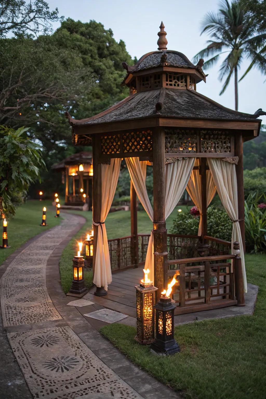Tiki torches adding a tropical touch to the gazebo.