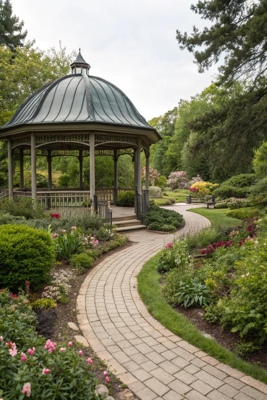 A gazebo with an arched crown, echoing the garden's natural stream.
