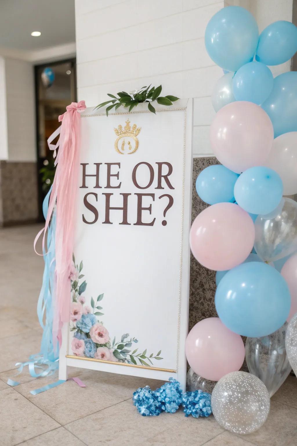 Chic signage adding elegance to the gender reveal theme.