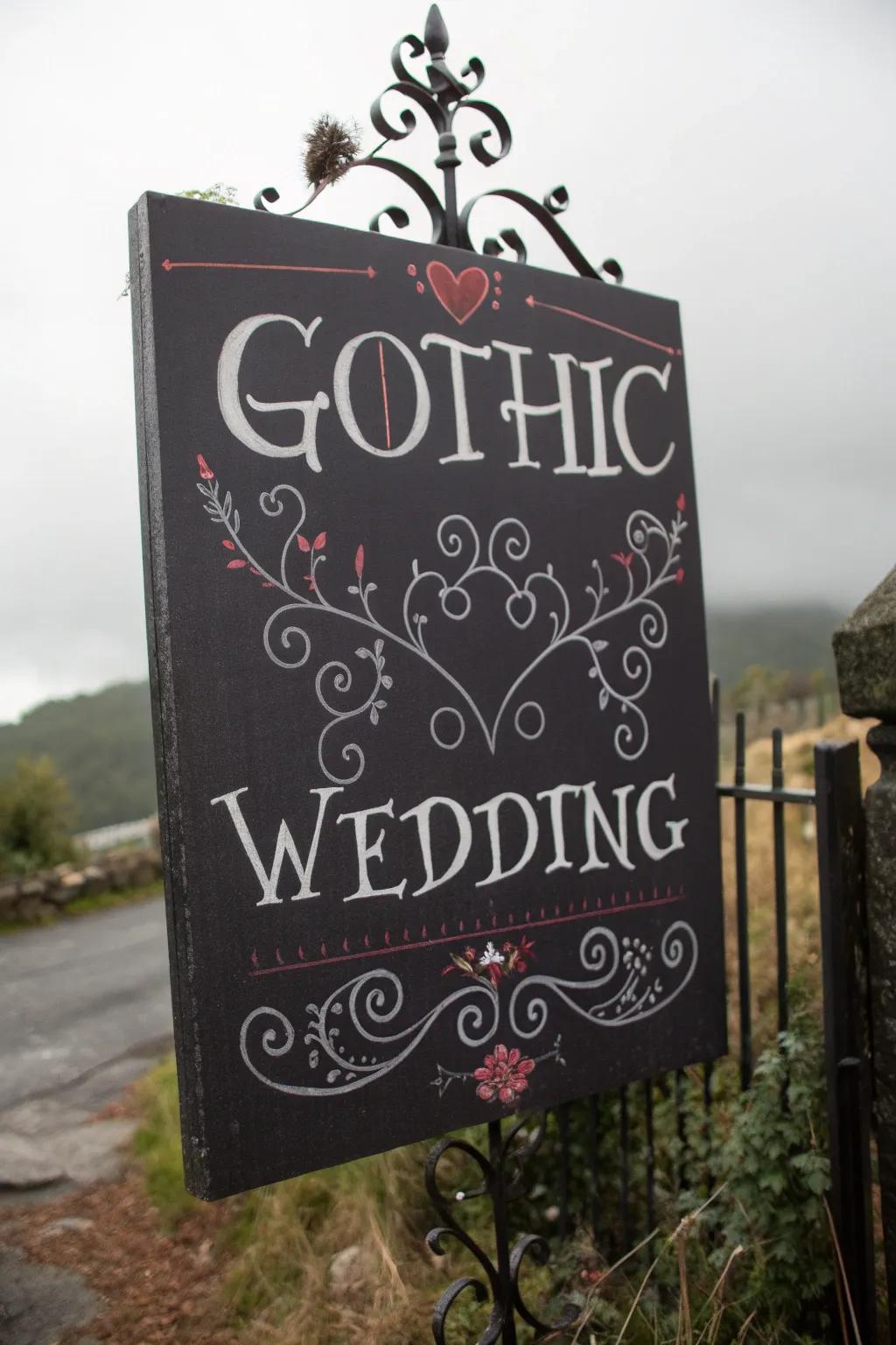 Gothic wedding signage featuring fantastical phrases.