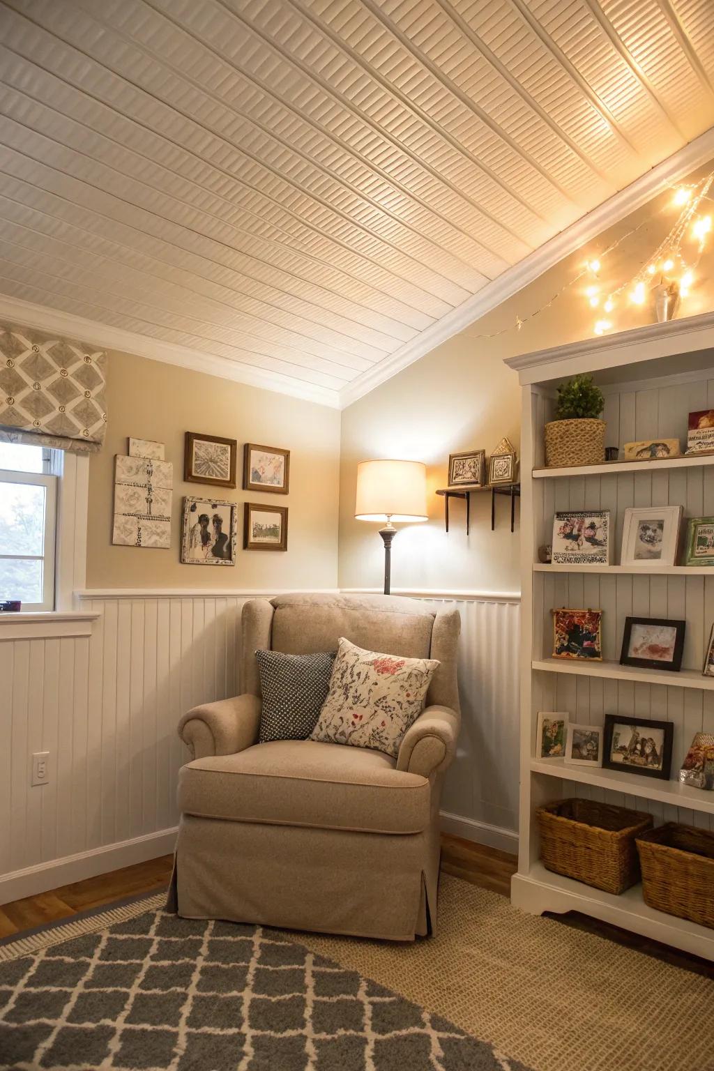 Beadboard ceilings evoke a cozy, cottage-like charm.