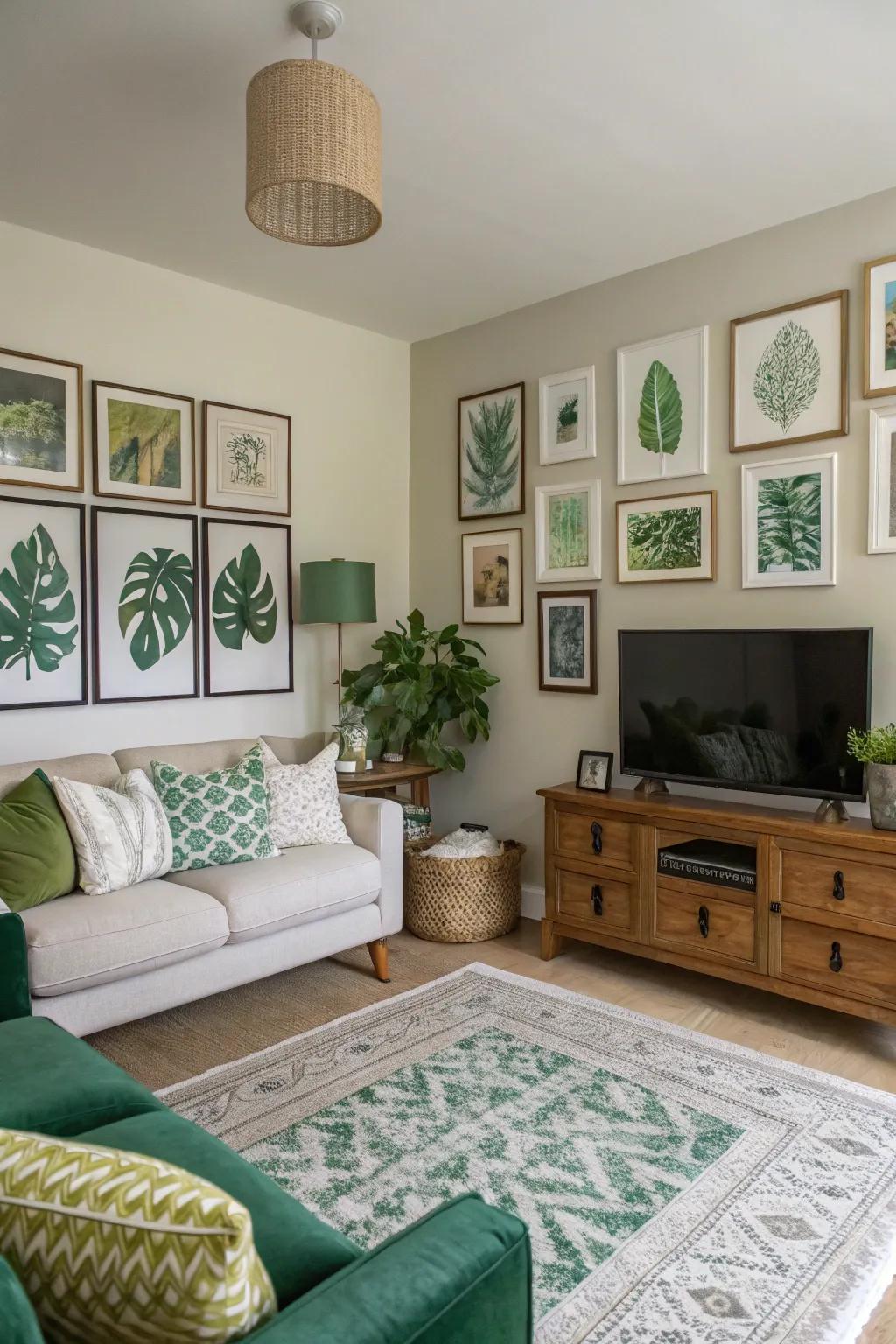 A green-toned gallery wall infuses a personal touch into this space.