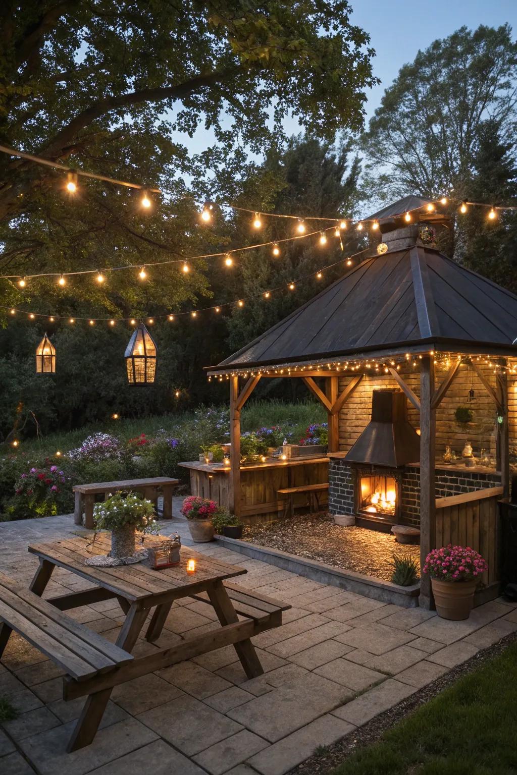 A grill hut aglow with twinkling lights and lanterns.