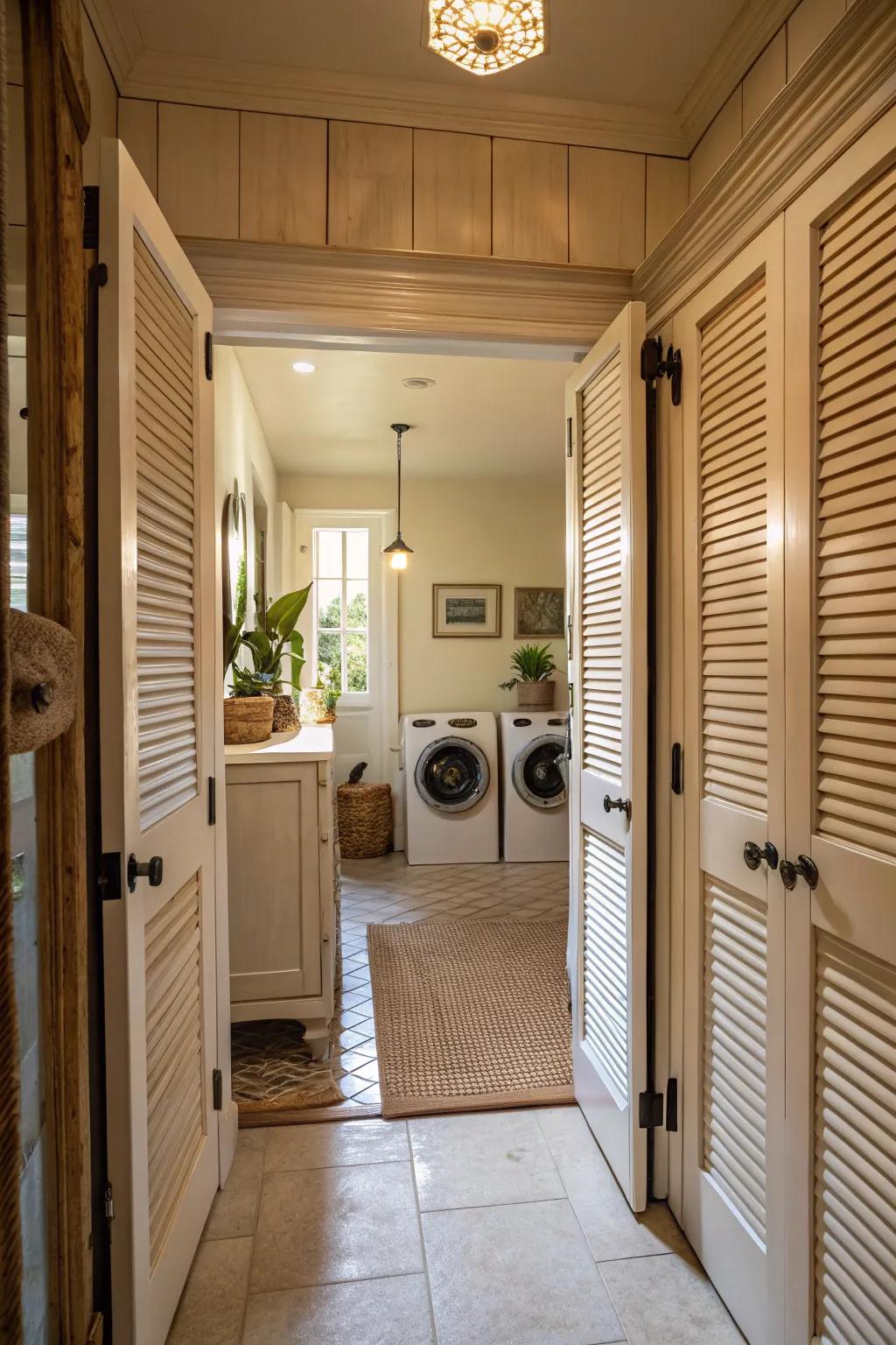 Louvered doors enhance classic appeal and practicality to a hallway laundry area.