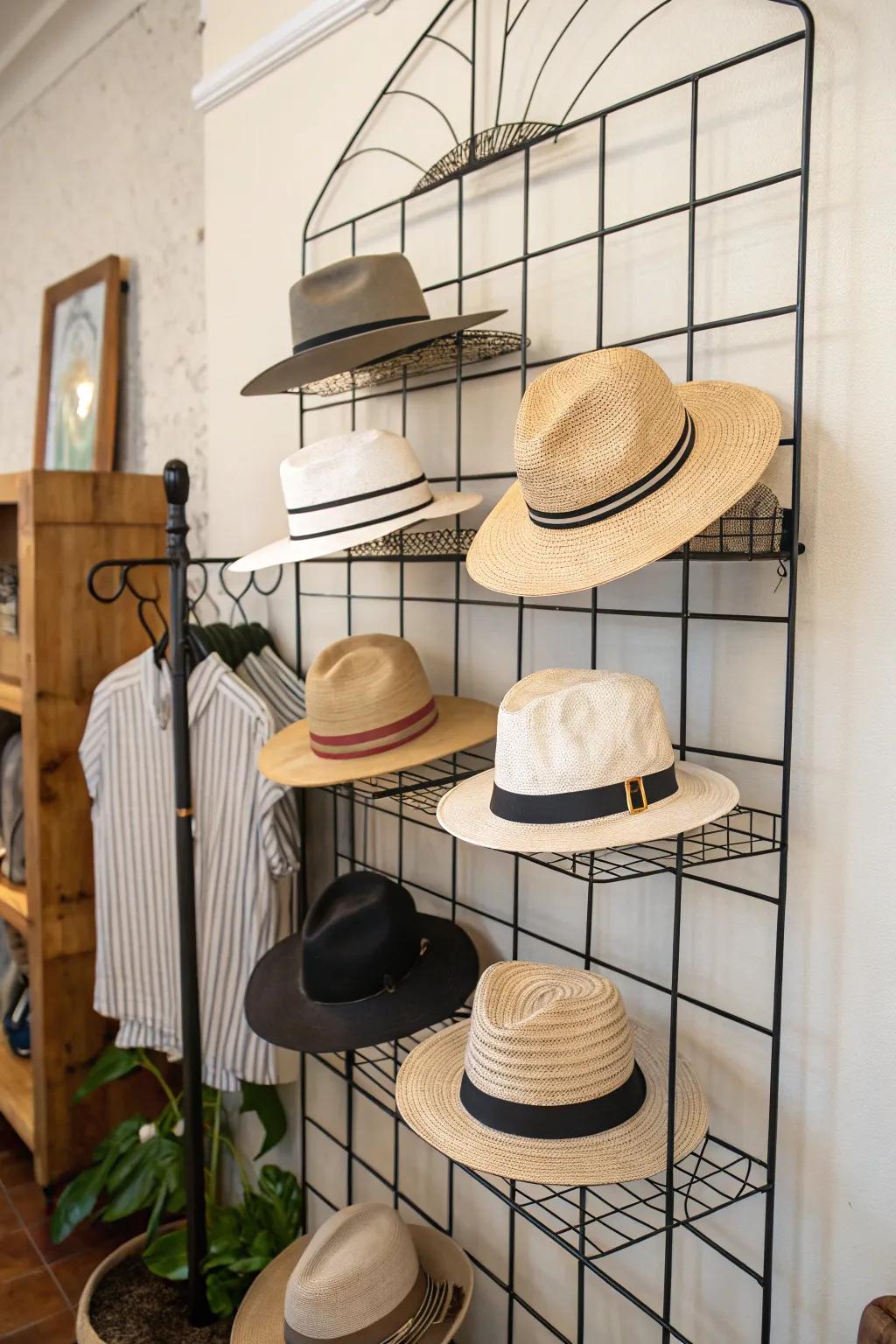 Wire frames provide a contemporary and airy presentation for hats.