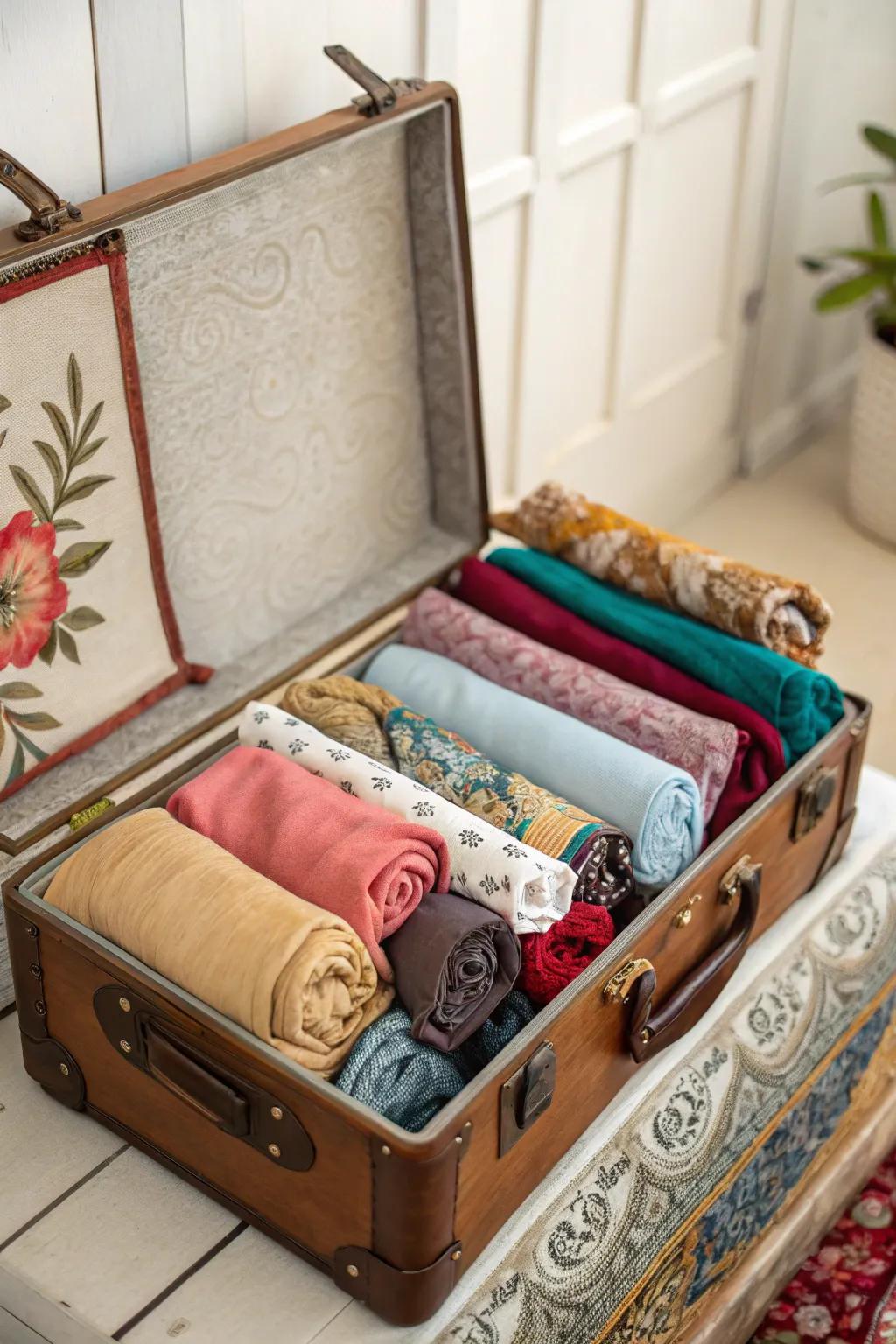 A vintage suitcase presents unique and stylish scarf storage.