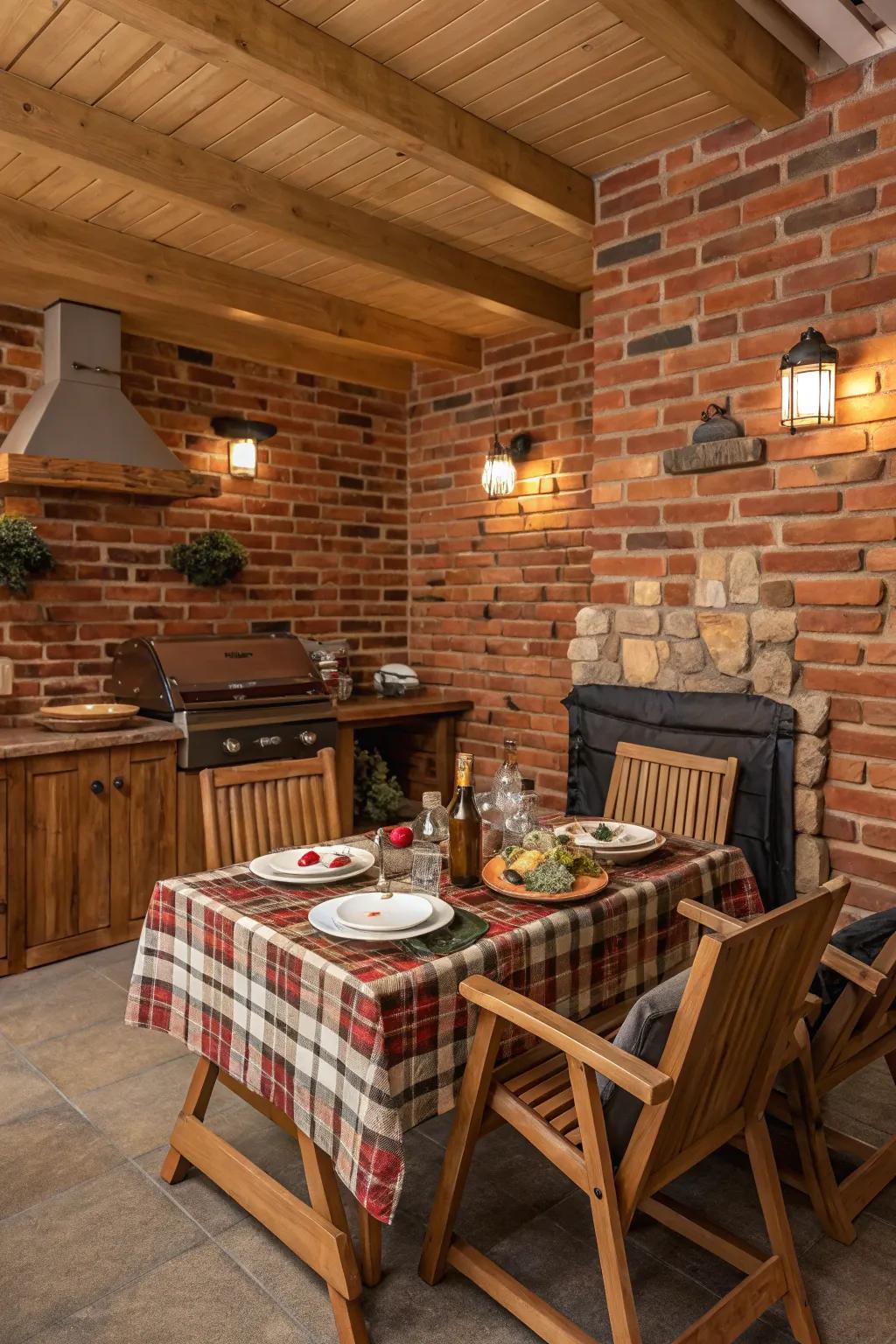 Brick and wood elements bring a cozy, outdoor feel to indoor BBQs.