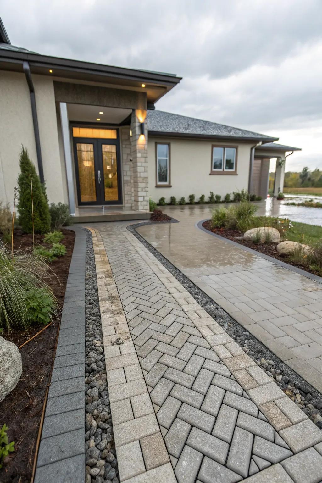 Eco-friendly design with permeable pavers for efficient water management.