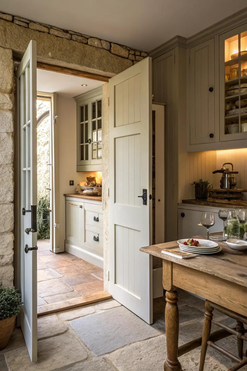Double entry cabinetry provides dual-purpose storage solutions.