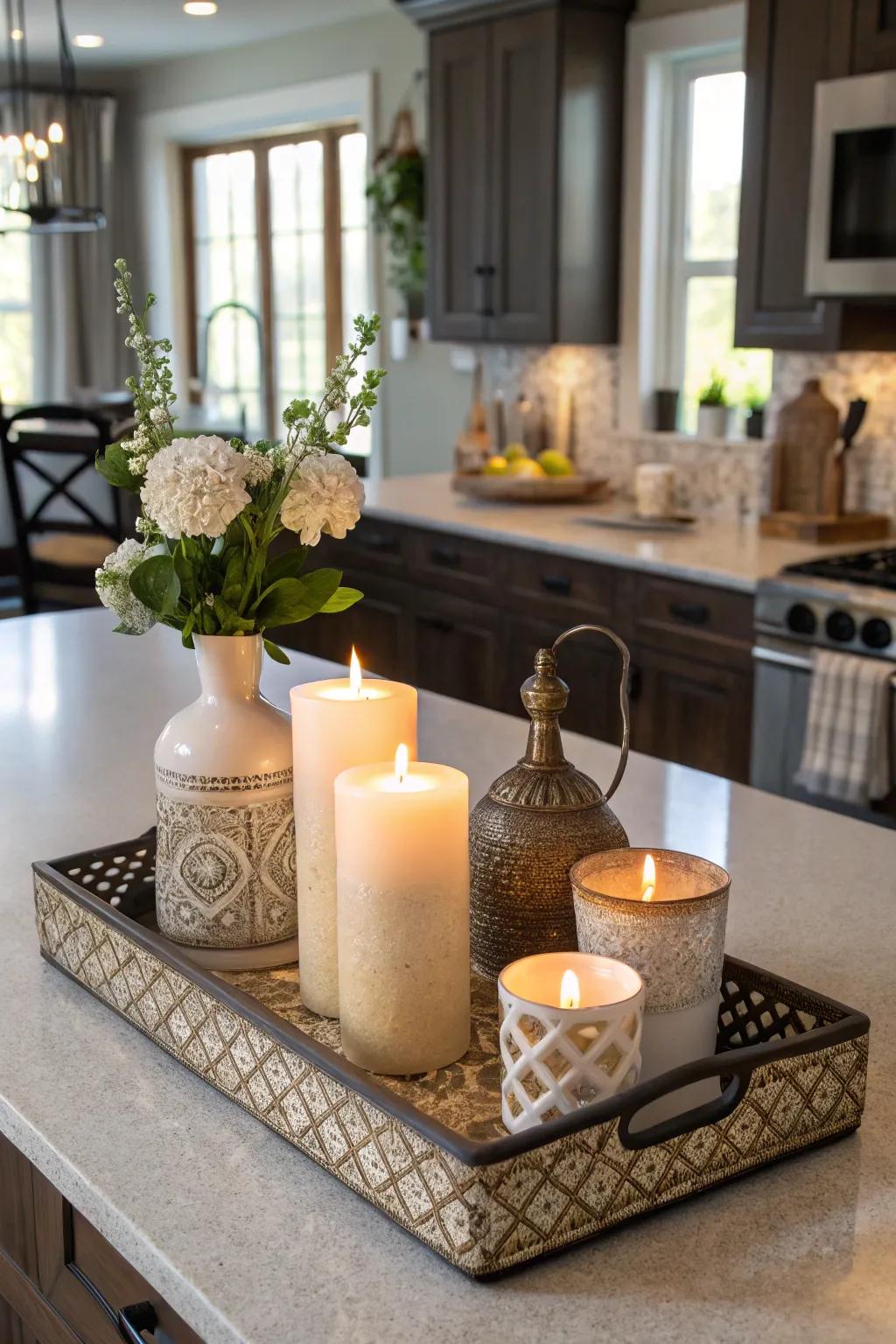 Trays aid in organizing and accentuating decorations on the kitchen island.