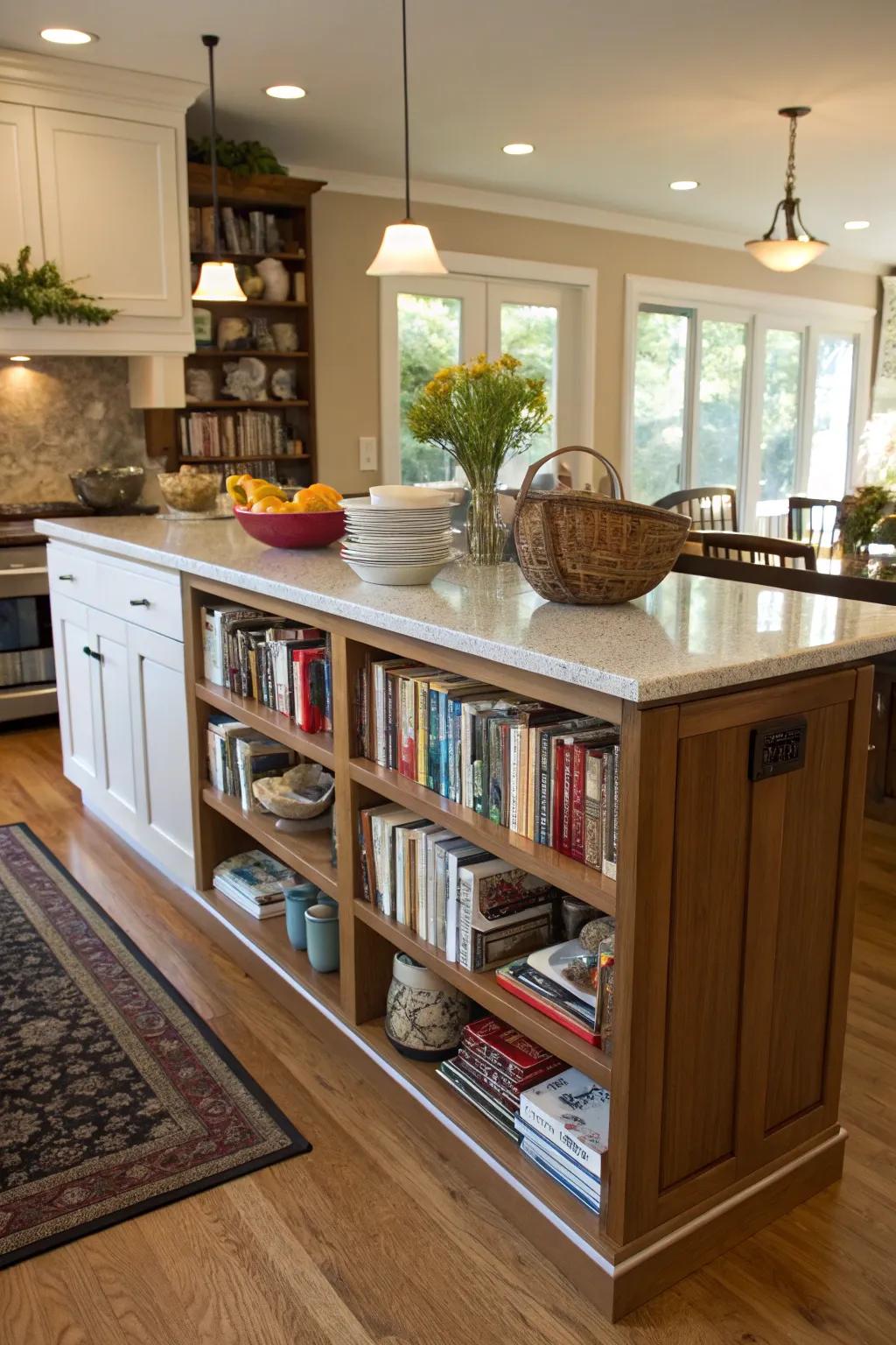 A bookshelf in the island adds personal flair and functionality.