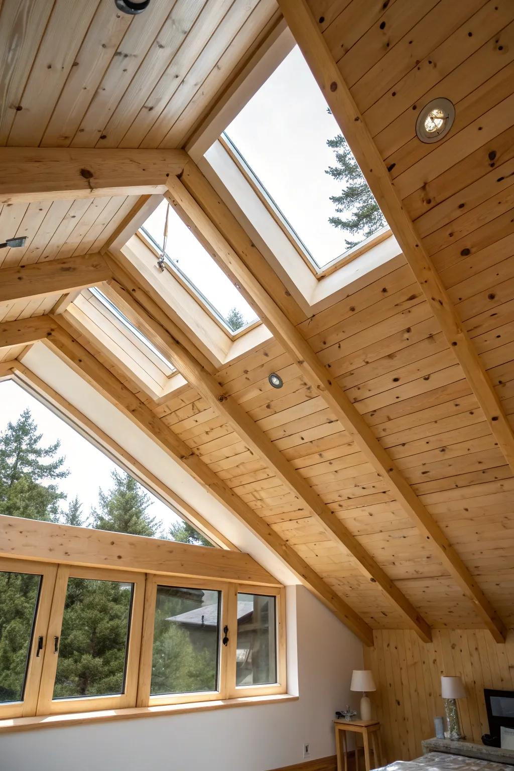 A bright room where overhead window panels elevate the allure of a rough-sawn fir ceiling.