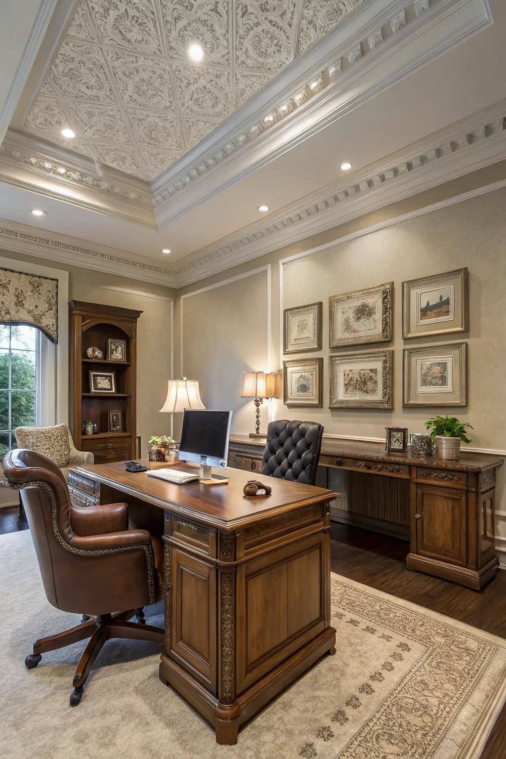 A sophisticated home office showcasing broad crown molding, delivering a chic workspace.