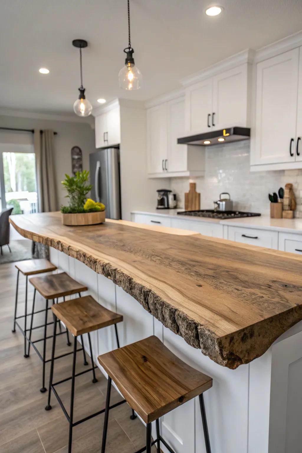 A floating raw edge countertop adding a modern twist to a kitchen.