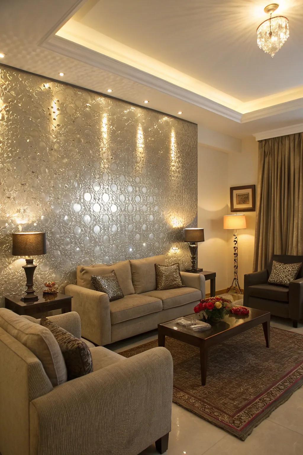 A metallic accent wall brings a touch of glamour and sophistication.