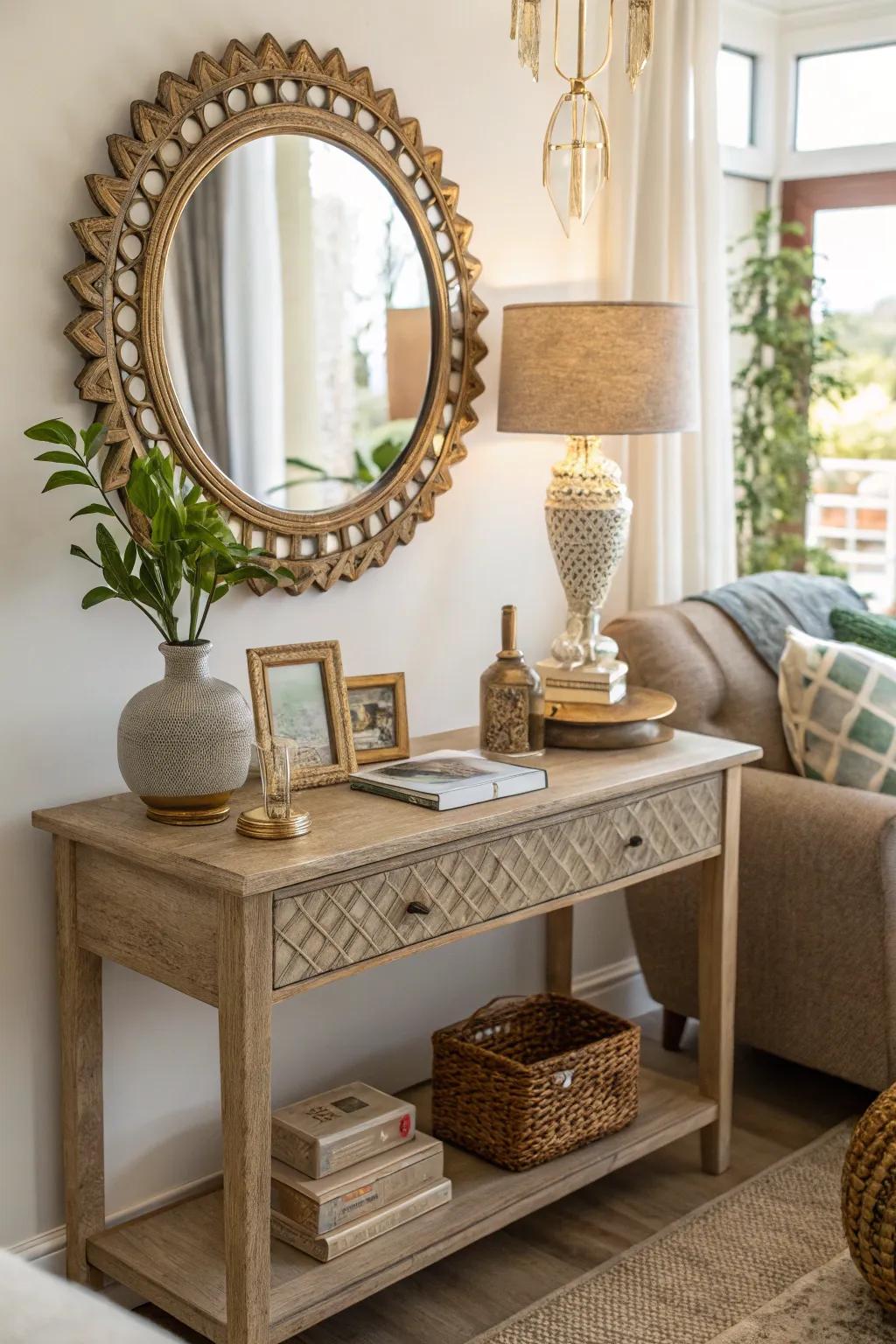 Mirrors on side tables create the illusion of more space.