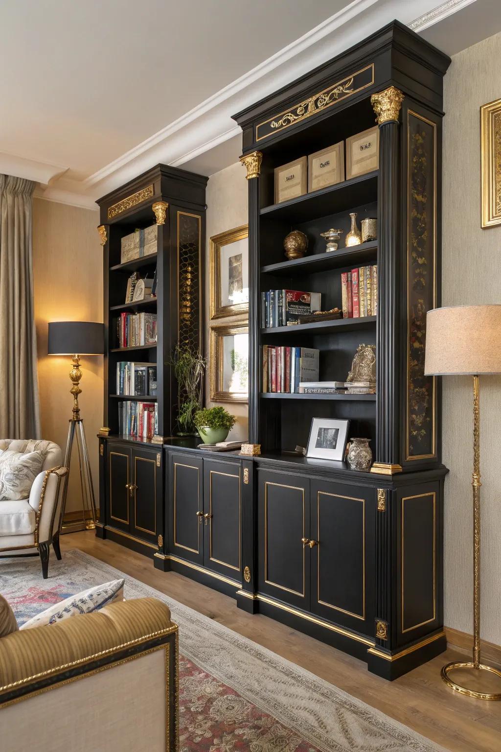 Regal bookshelves adding sophistication and display space.