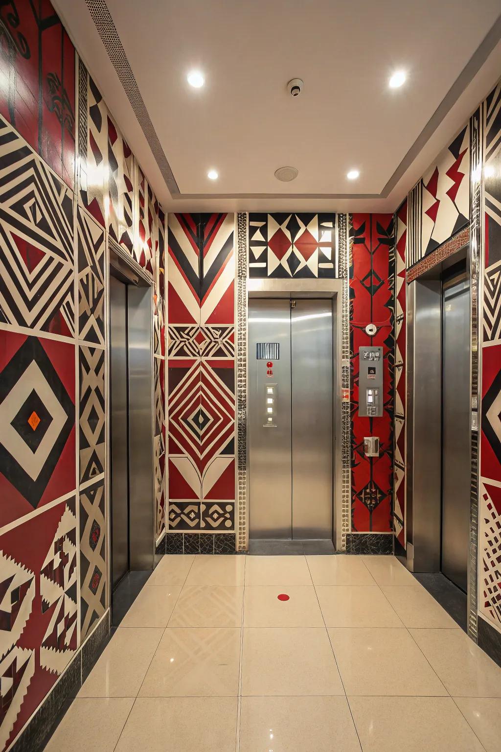 This elevator design gains personality and flair through vibrant designs.
