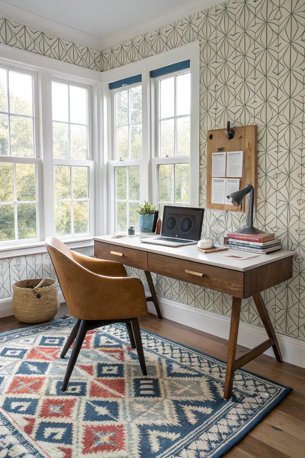 A modern home office with geometric patterns adding visual interest.