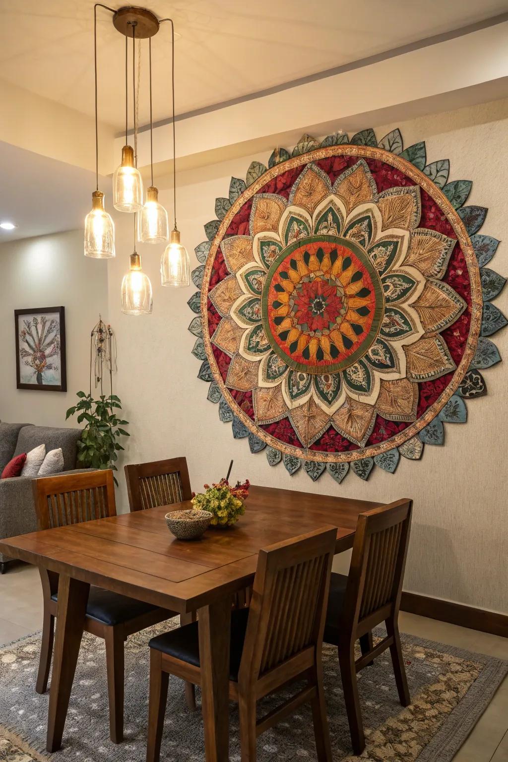 A layered pattern design adding a 3D effect in a dining room.