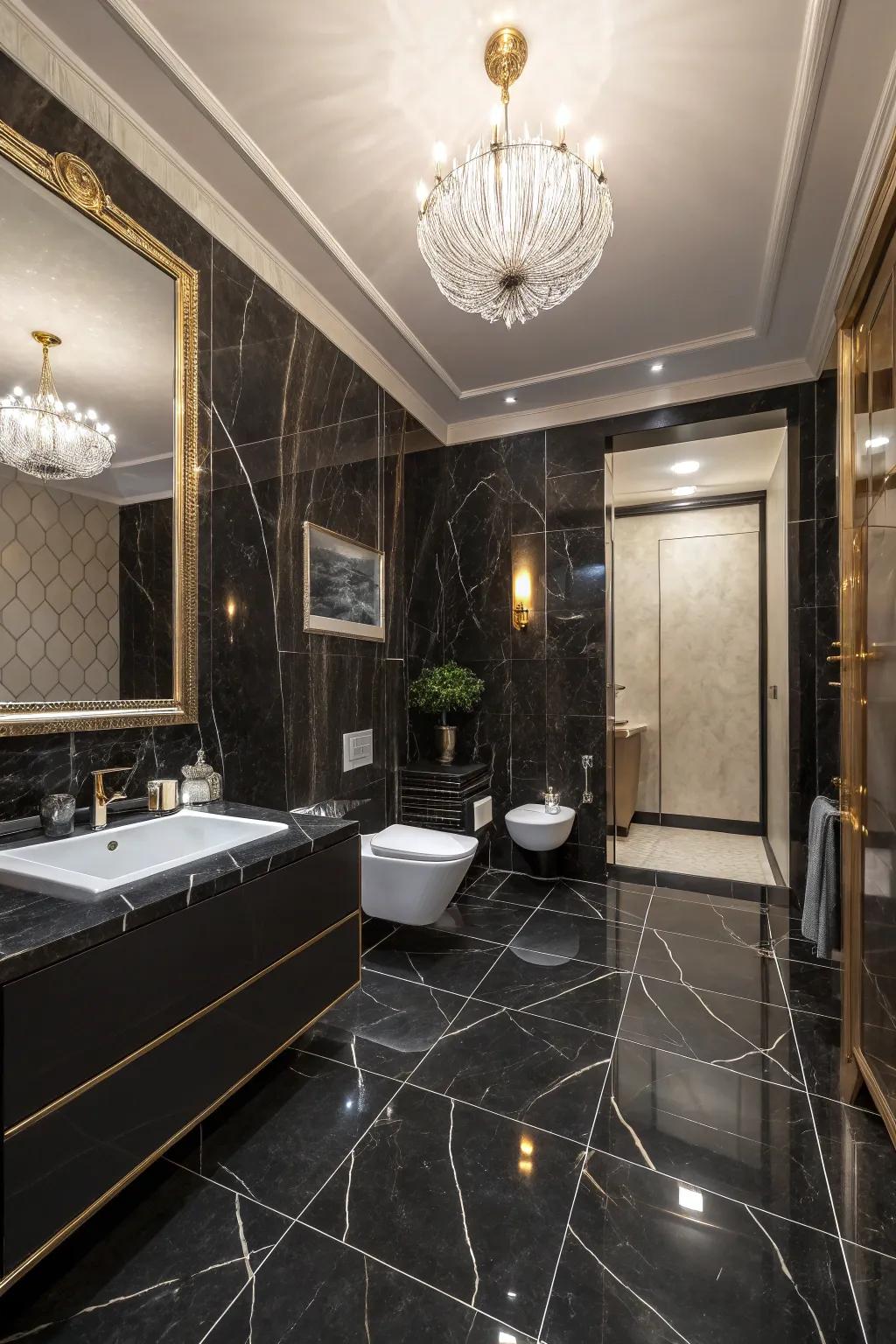 Black marble porcelain tiles creating a dramatic and chic bathroom atmosphere.